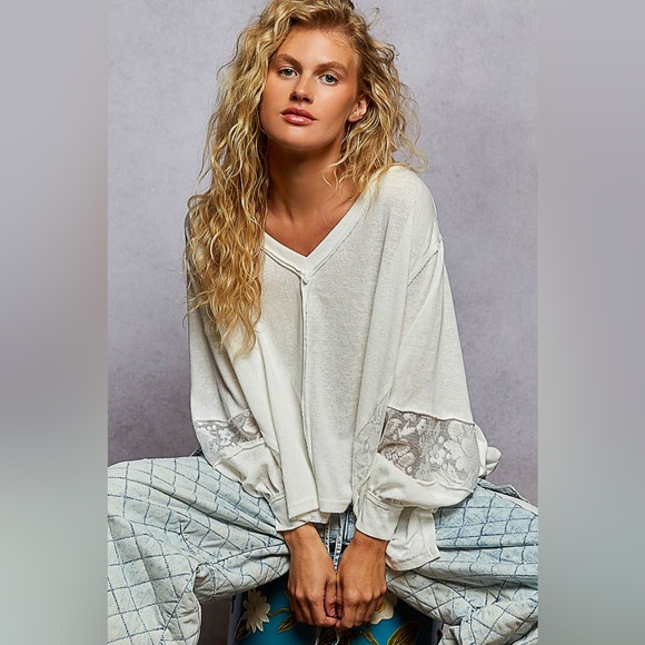 POL V-Neck Long Sleeve T-Shirt with Lace Detail - Picture 2 of 4